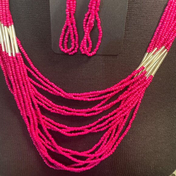 Several Strand Pink Beaded Necklace & Earring Set - Picture 3 of 5